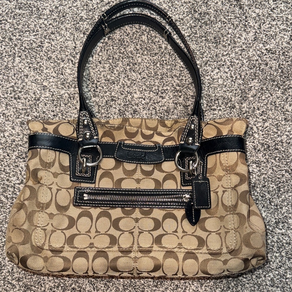 Coach Tan Signature Canvas Shoulder Bag with Black Leather Trim